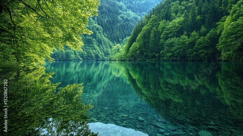A scenic lake surrounded by lush green forests and reflections