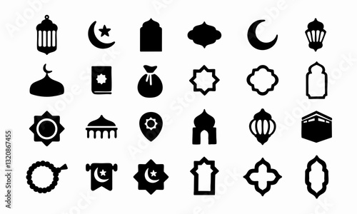 Set of islamic celebration icon. Black and white Vector Illustration