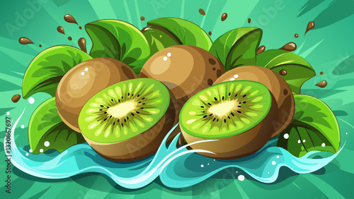 Kiwi Splash: A refreshing image of ripe kiwis with a vibrant green interior and a fuzzy brown exterior, captured in a splash of water. The image is perfect for food, health and wellness 