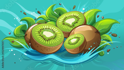 Kiwi Splash: A refreshing image of ripe kiwis with a vibrant green interior and a fuzzy brown exterior, captured in a splash of water. The image is perfect for food, health and wellness 