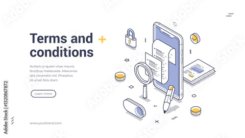 Web banner template showcases an isometric illustration related to terms and conditions. It features a smartphone displaying legal documents, a pen, and security icons. Vector illustration