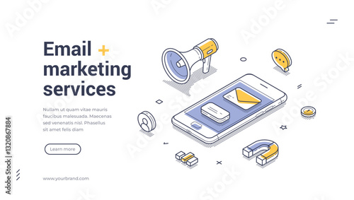 Isometric web banner template designed for email marketing services. It features a smartphone, a loudspeaker, and various marketing elements, promoting campaign effectiveness. Vector illustration