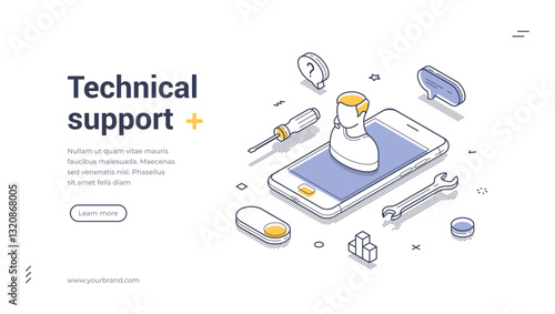 Web banner template showcases an isometric illustration focused on technical support. Featured are various tools surrounding a smartphone, emphasizing assistance with technology.