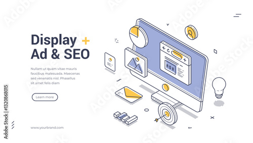 Creative web banner template designed for display ads and SEO. It showcases an isometric view with various vector elements like charts, images, and buttons, enhancing digital marketing strategies.