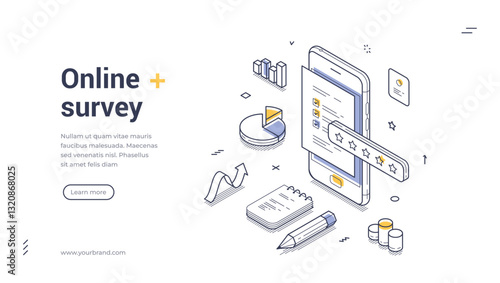 Web banner features isometric design focused on online surveys. It showcases a mobile device displaying survey elements, charts, and notes, perfect for inviting user participation. Vector illustration