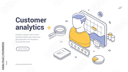 Web banner template showcases customer analytics with an isometric illustration. It features a character interacting with charts and graphs, emphasizing data insights to improve decision-making.