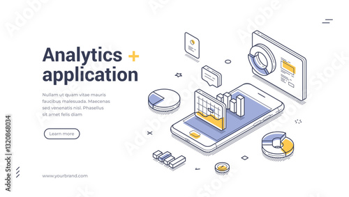 Web banner template features an isometric design showcasing an analytics application. It includes vibrant charts and graphs on a smartphone, emphasizing data visualization for businesses.
