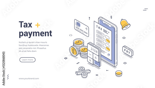 Web banner template illustrates a tax payment process featuring isometric design elements. It showcases a mobile device, coins, payment buttons, and relevant icons, creating a modern feel.