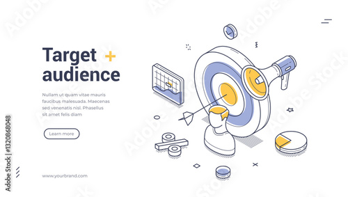Web banner template features a bold design emphasizing target audience engagement. It includes isometric illustrations of a bullseye, megaphone, and charts, suitable for marketing campaigns.