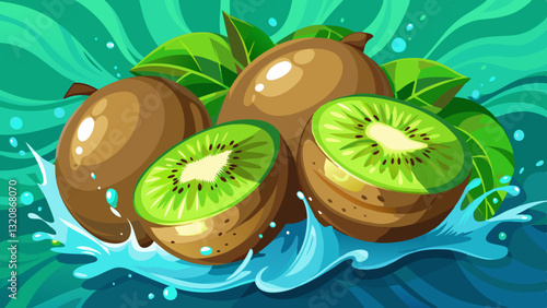 Kiwi Splash: A refreshing image of ripe kiwis with a vibrant green interior and a fuzzy brown exterior, captured in a splash of water. The image is perfect for food, health and wellness 