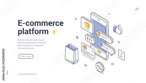 Web banner template features an isometric design ideal for e-commerce platforms. It includes elements like shopping bags, product icons, and a phone interface showing transaction options.