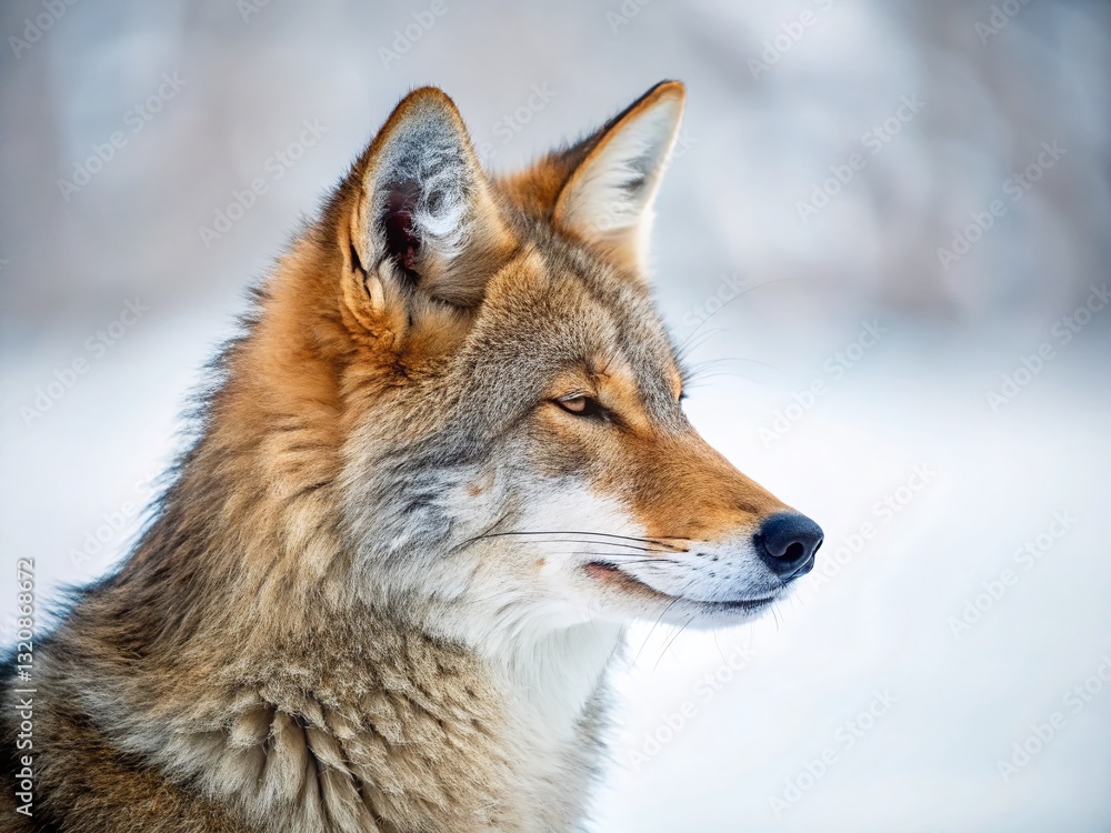 Coyote Winter Profile, Eyes Closed, Low Light Photography Coyote Winter Profile, Eyes Closed, Low Light Photography