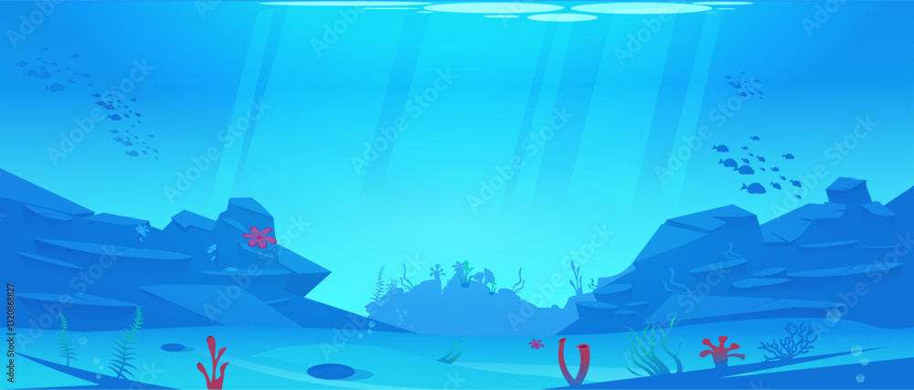Obraz premium Deep ocean landscape with coral, fish, and sun rays shining through water. Blue color tones create a serene underwater atmosphere. Vector illustration