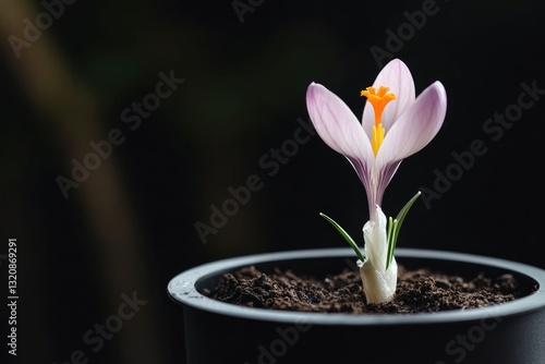 Crocus Flower Blooming in a Black Pot Against a Dark Background Highlighting Its Delicate Petals and Vibrant Colors