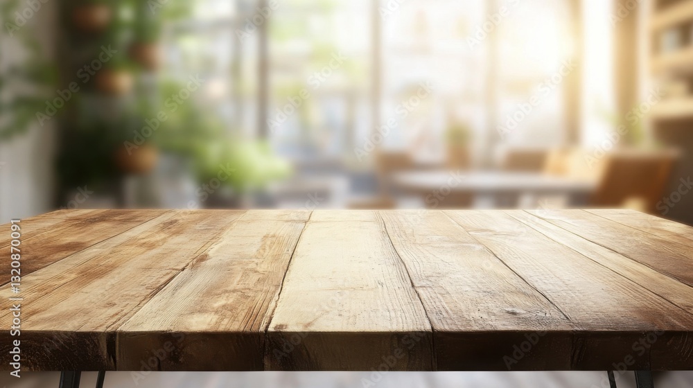 Rustic Wooden Tabletop Empty Surface with Blurred Cafe Background for Product Display Rustic Wooden Tabletop Empty Surface with Blurred Cafe Background for Product Display