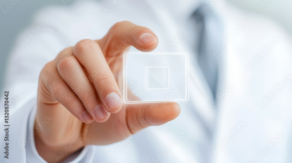 Person holding white square button, a symbol of modern technological interaction and interface design Person holding white square button, a symbol of modern technological interaction and interface design