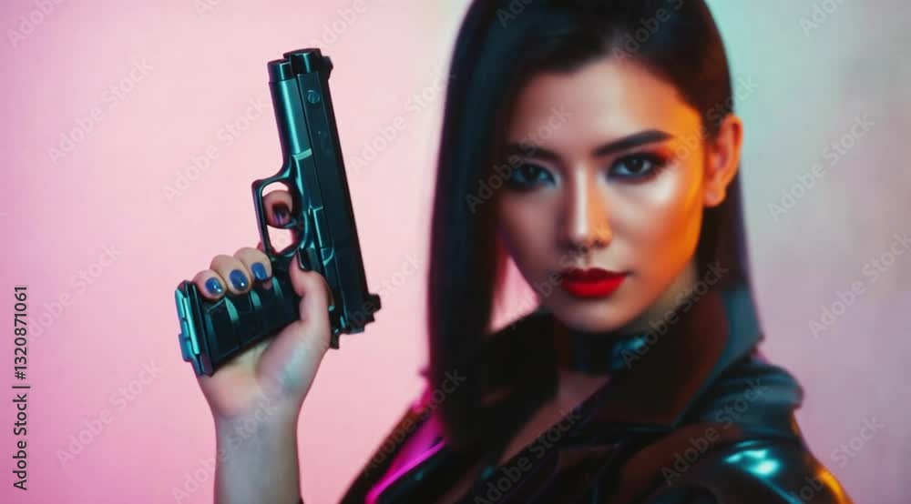 Woman expertly wielding a sleek, powerful handgun. Woman expertly wielding a sleek, powerful handgun.