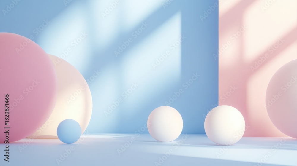 Fototapeta premium Pastel Colored Spheres on a Soft Blue and Pink Background with Light and Shadow