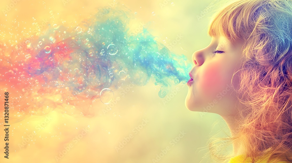 Whimsical Child Blowing Colorful Bubbles and Rainbow Mist Whimsical Child Blowing Colorful Bubbles and Rainbow Mist