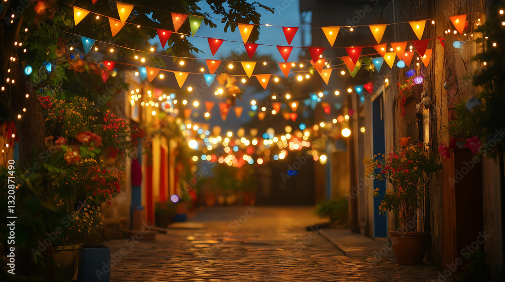 String lights glowing, triangle flags hanging, cobblestone street bathed in warm twilight hues, potted greenery enhancing festive evening ambiance String lights glowing, triangle flags hanging, cobblestone street bathed in warm twilight hues, potted greenery enhancing festive evening ambiance