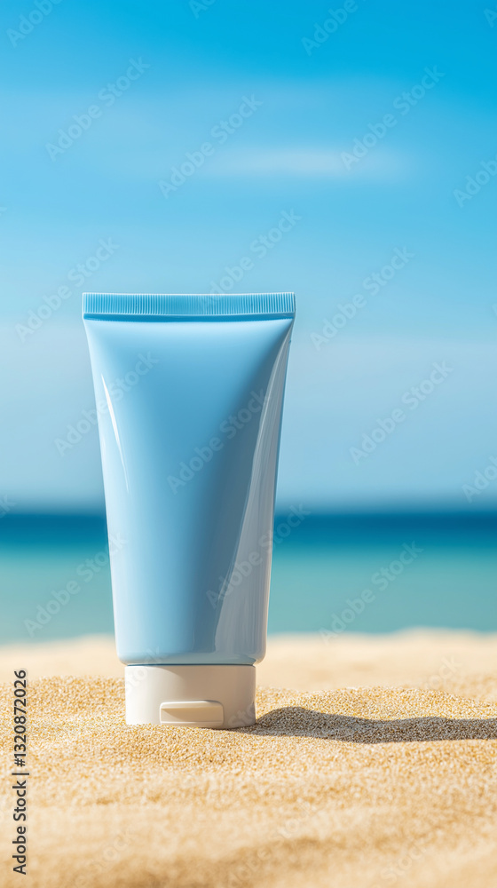 Sunscreen bottle resting on sandy beach, azure waves and sky backdrop highlighting summer skincare protection against intense sunlight Sunscreen bottle resting on sandy beach, azure waves and sky backdrop highlighting summer skincare protection against intense sunlight