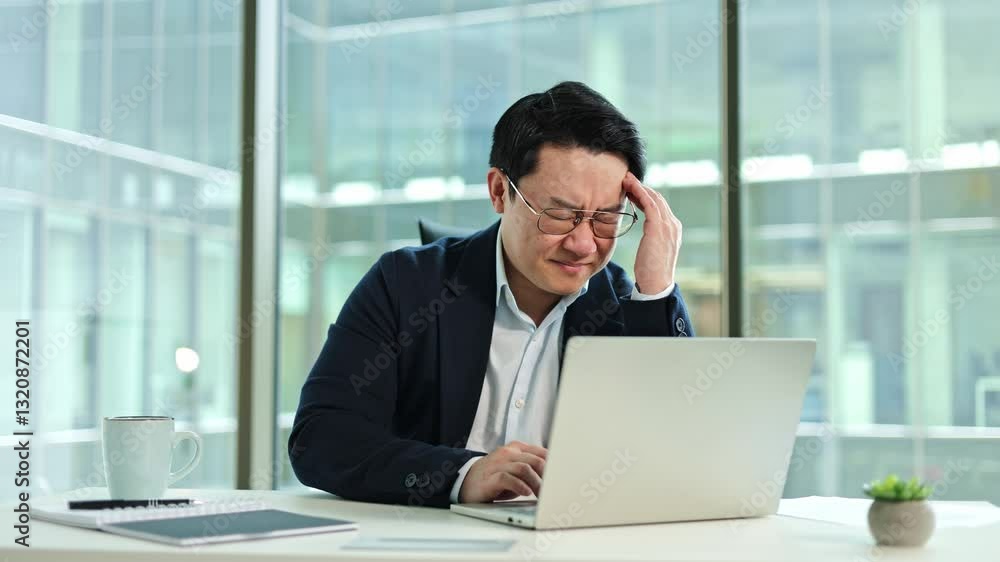 Frustrated Asian businessman experiencing a headache or migraine while working on a laptop in a modern office with large windows. Frustrated Asian businessman experiencing a headache or migraine while working on a laptop in a modern office with large windows.