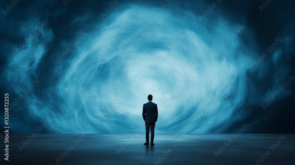Man in dark room with enveloping blue swirl, a captivating visual journey Man in dark room with enveloping blue swirl, a captivating visual journey