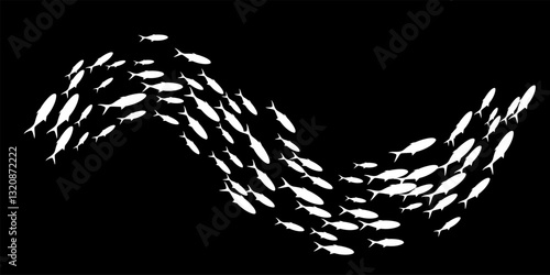 Fish group swimming. School of blackfish. Silhouettes of white fishes isolated on black background. Abstract vector illustration.