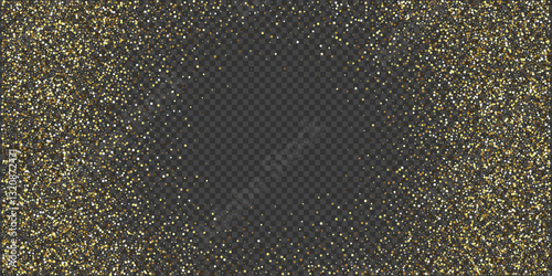 Gold glitter confetti background. Golden glittering dust on transparent background with copy space. Festive holiday shiny luxury backdrop. Abstract vector illustration.