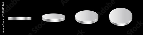 Silver podiums. Platinum 3d round metal platforms for product presentation or winner award ceremony in different angles view. Set of chrome empty stages on black background. Vector illustration 