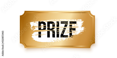 Golden scratch-off ticket with grunge brush stroke opening the word prize. Gold winner scratching card. Winning lottery coupon isolated on transparent background. Realistic vector illustration.
