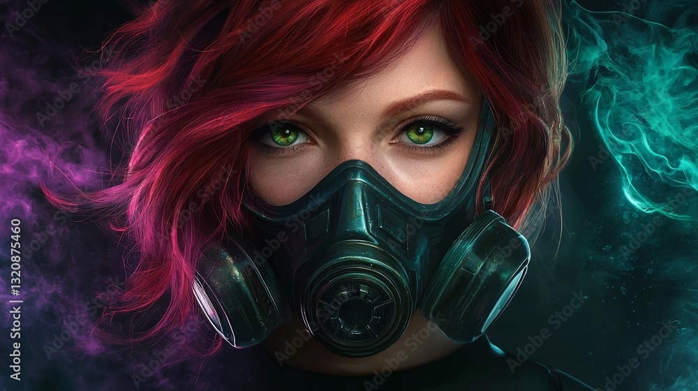 In a 3D illustration, a cyberpunk girl is shown from the front, wearing a gas mask and protective green glasses with filters, and sporting a stylish jacket with purple el wire, amidst a night scene In a 3D illustration, a cyberpunk girl is shown from the front, wearing a gas mask and protective green glasses with filters, and sporting a stylish jacket with purple el wire, amidst a night scene