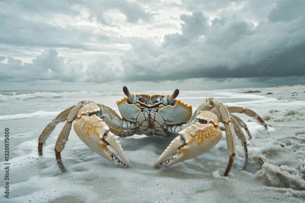 Ghost Crab Alert on African Coastal Beach. Close-up of Oceanic Crustacean Claw Ghost Crab Alert on African Coastal Beach. Close-up of Oceanic Crustacean Claw