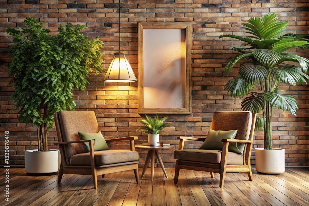 Fototapeta premium Cozy Living Room with Tropical Tree, Wood Armchairs & Frame Mockup - 3D Render