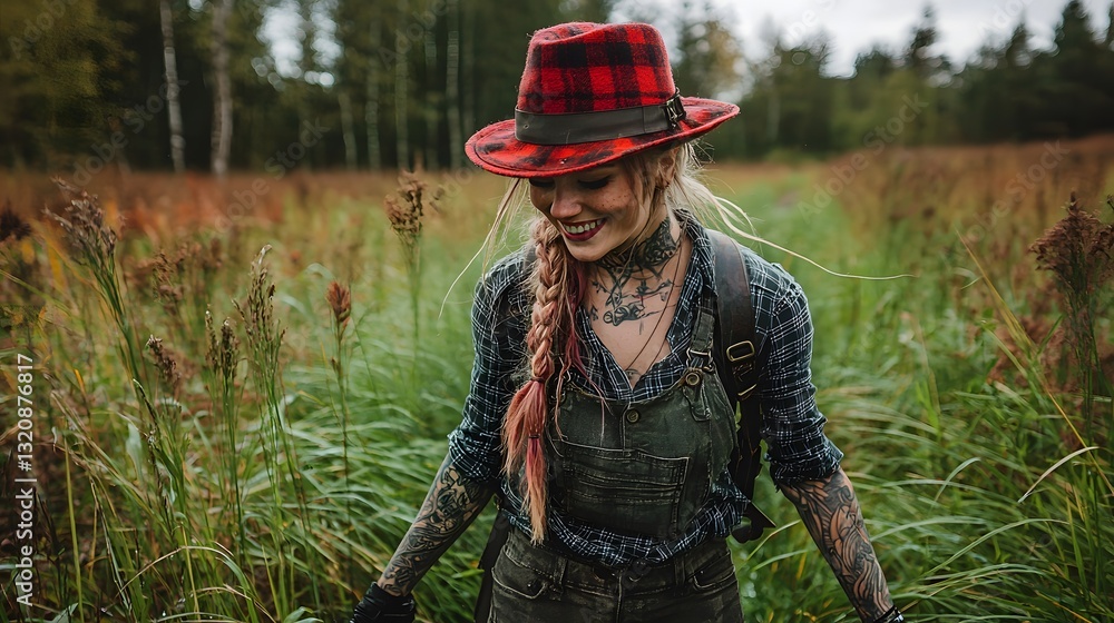 Naklejka premium Young Woman in Floral Field Wearing Hat and Overalls Smiling Happily