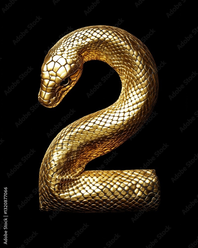 Fototapeta premium Gold Snake Skin. Number 2 made of Natural Texture, Isolated on Black Background