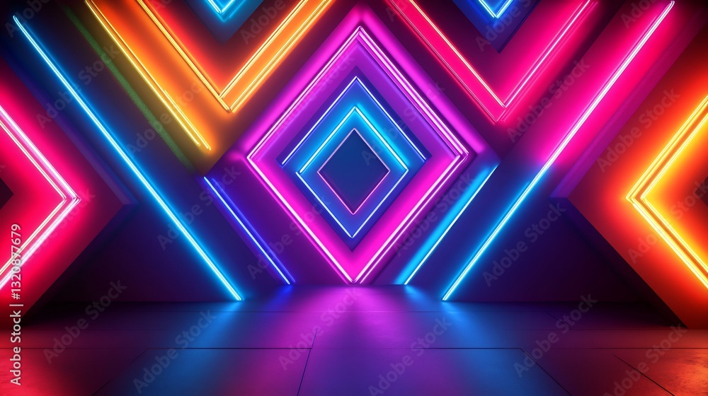 Fototapeta premium Vibrant neon diamonds glow brightly illuminating a dark room. AI Generated