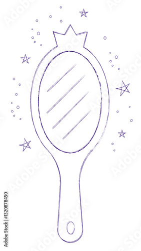 Hand-Drawn Princess Mirror Illustration with Stars. Fairytale element in sketch style. Hand drawn vector illustration isolated on white background