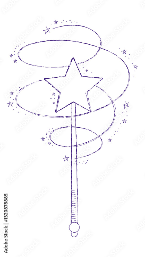 Magic wand doodle. Fairytale element in sketch style. Hand drawn vector illustration isolated on white background Magic wand doodle. Fairytale element in sketch style. Hand drawn vector illustration isolated on white background