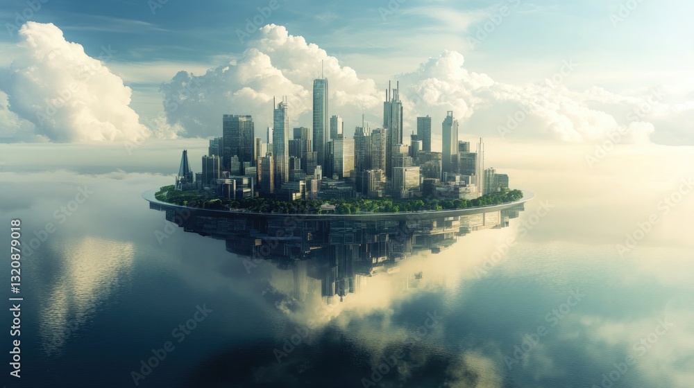 Naklejka premium A futuristic city surrounded by clouds and reflected in water