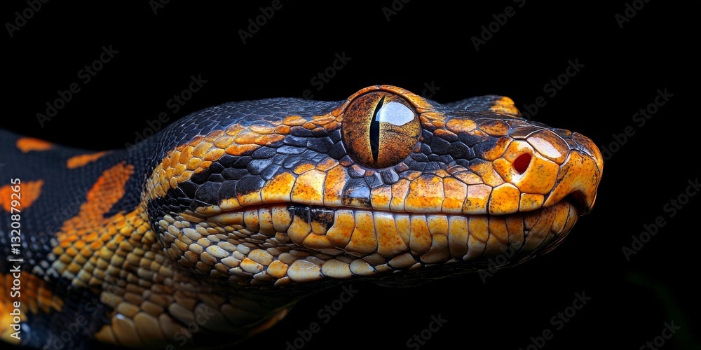 Close-up Portrait of a Vibrant Yellow and Black Snake Head Against a Black Background Close-up Portrait of a Vibrant Yellow and Black Snake Head Against a Black Background
