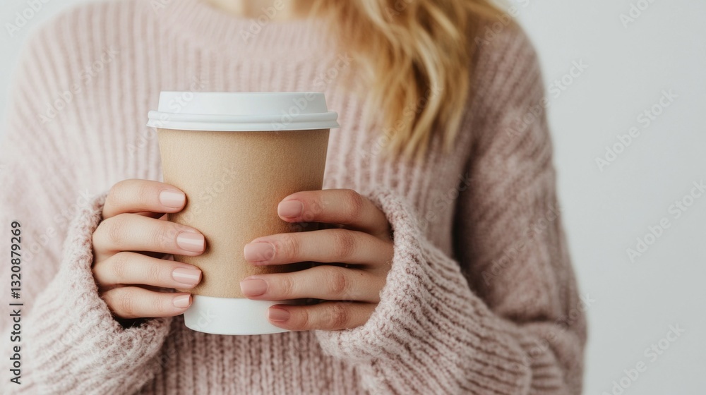 A person holds a paper cup, clad in a soft, oversized sweater, enjoying a comforting drink. The warm tones create a cozy atmosphere, perfect for relaxation and warmth during winter A person holds a paper cup, clad in a soft, oversized sweater, enjoying a comforting drink. The warm tones create a cozy atmosphere, perfect for relaxation and warmth during winter