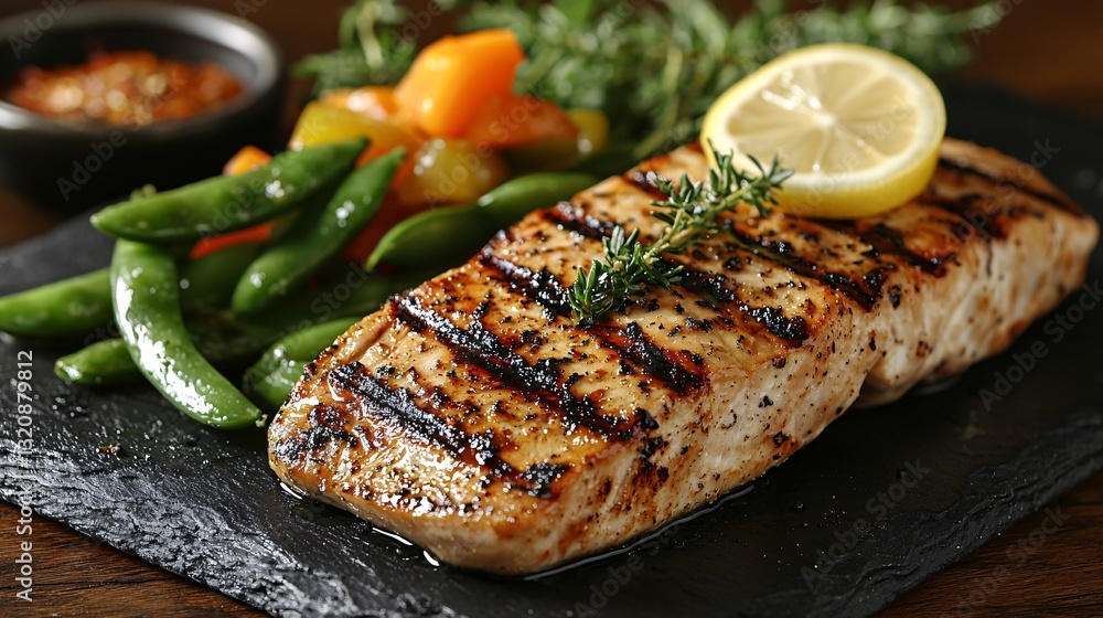 Grilled Salmon Steak with Lemon and Fresh Herbs on a Slate Board Grilled Salmon Steak with Lemon and Fresh Herbs on a Slate Board