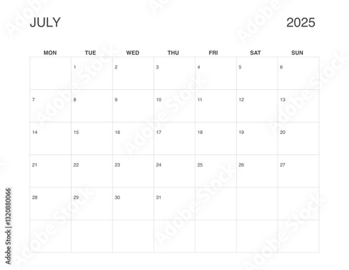 JULY 2025 Letter Size Monthly Calendar, Minimalist Printable Calendar, Dated JULY Planner