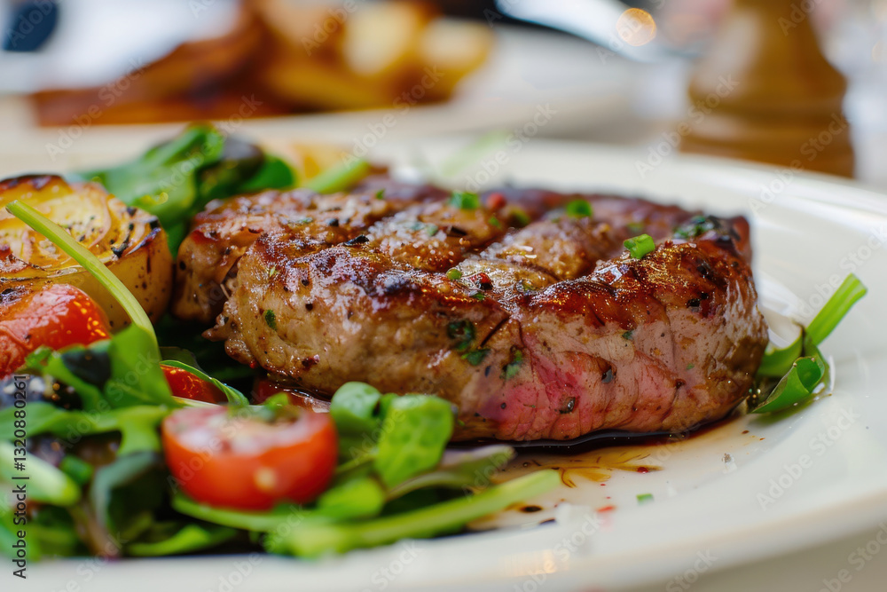 close up horizontal detailed image of a beef steak served with vegetables close up horizontal detailed image of a beef steak served with vegetables