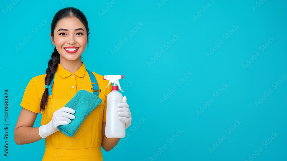 Happy Domestic Worker Cleaning With a Spray Bottle and Cloth in a Bright, Cheerful Setting Happy Domestic Worker Cleaning With a Spray Bottle and Cloth in a Bright, Cheerful Setting