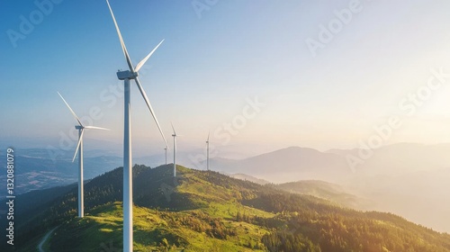 Aerial photography showcases a clean energy industry consisting of green energy wind farms on high mountains