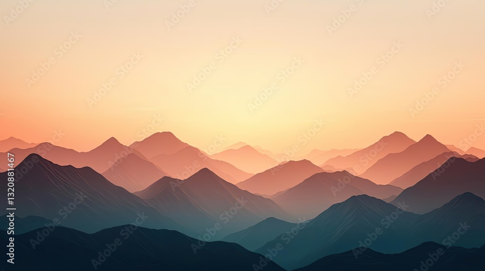 Fototapeta premium Abstract landscape background idea. Breathtaking mountain view at sunset with layered peaks and a colorful sky.