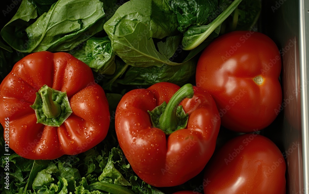 Healthy food storage with an open refrigerator showcasing fresh greens, peppers, and tomatoes in meal prep containers Healthy food storage with an open refrigerator showcasing fresh greens, peppers, and tomatoes in meal prep containers