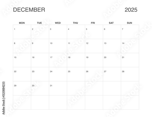 DECEMBER 2025 Letter Size Monthly Calendar, Minimalist Printable Calendar, Dated December Planner